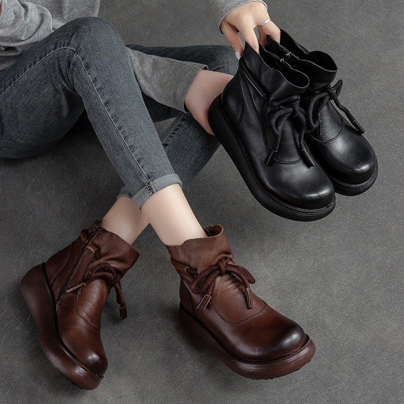 Women Retro Leather Minimalist Chunky Platform Boots-RAIIFY