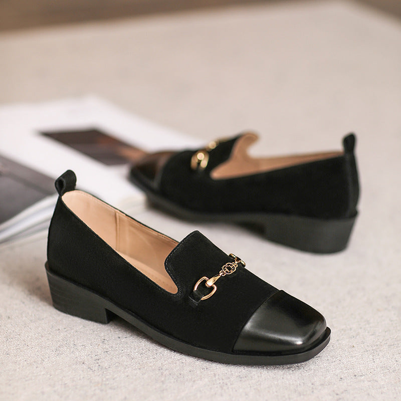 Women Retro Leather Square Head Casual Loafers-RAIIFY