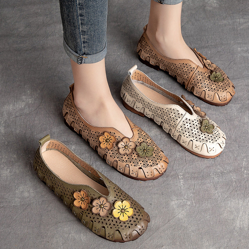 Women Summer Retro Hollow Soft Leather Flats-RAIIFY