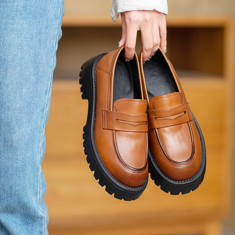 Women Retro Minimalist Thick Soled Leather Loafers-RAIIFY