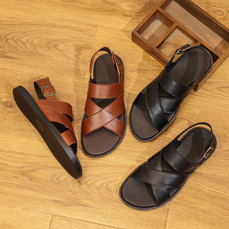 Men Casual Leather Buckled Flat Sandals-RAIIFY