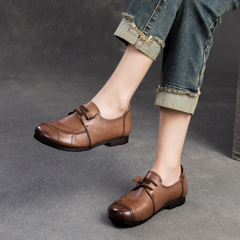 Women Retro Minimalist Leather Soft Flat Casual Shoes-RAIIFY