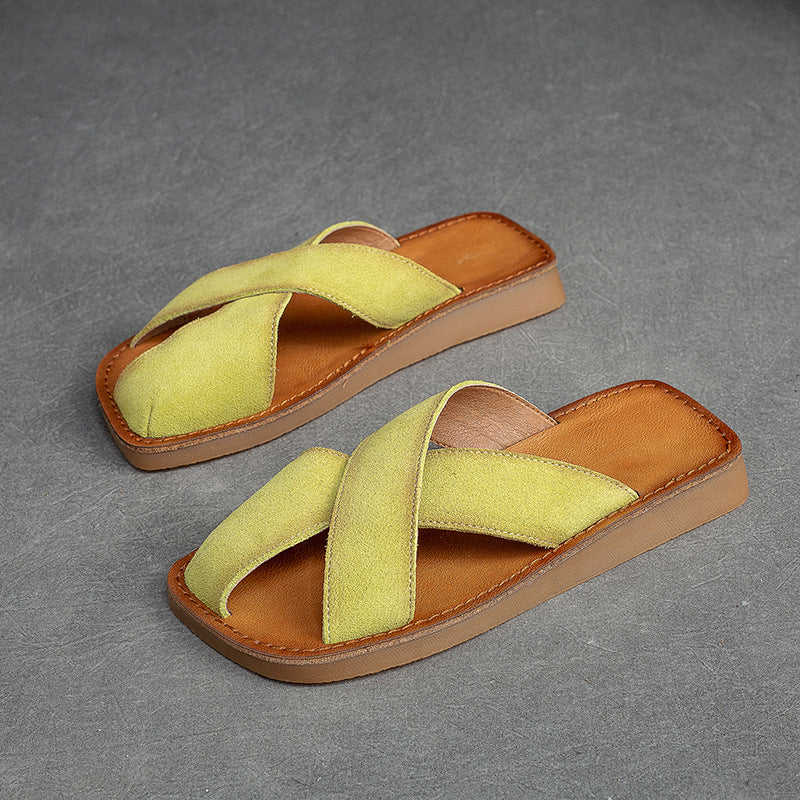 Women Retro Leather Flat Casual Slides-RAIIFY