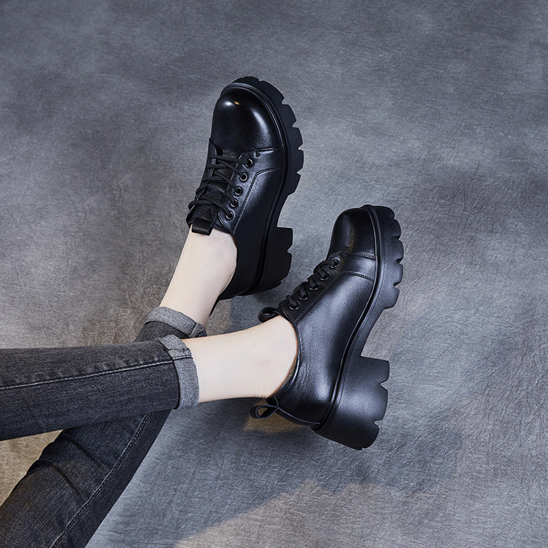 Women Retro Minimalist Leather Chunky Heel Casual Shoes-RAIIFY