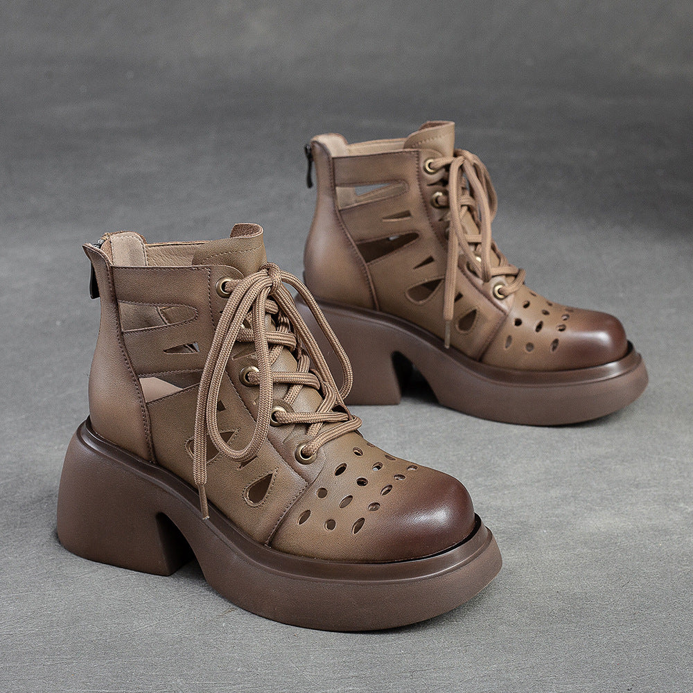 Women Summer Hollow Leather Chunky Heel Ankle Boots-RAIIFY