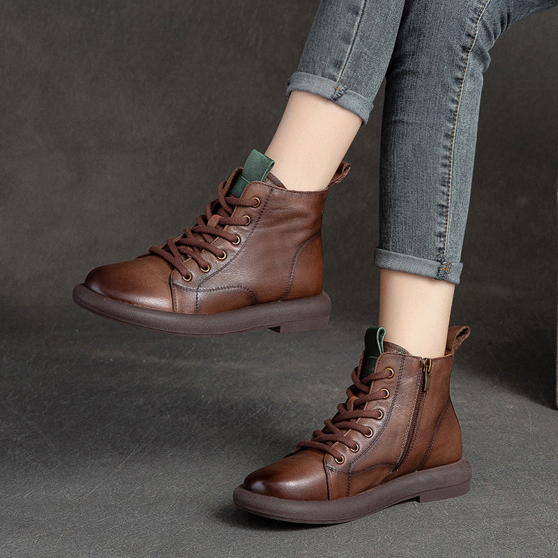 Women Retro Leather Casual Flat Ankle Boots-RAIIFY
