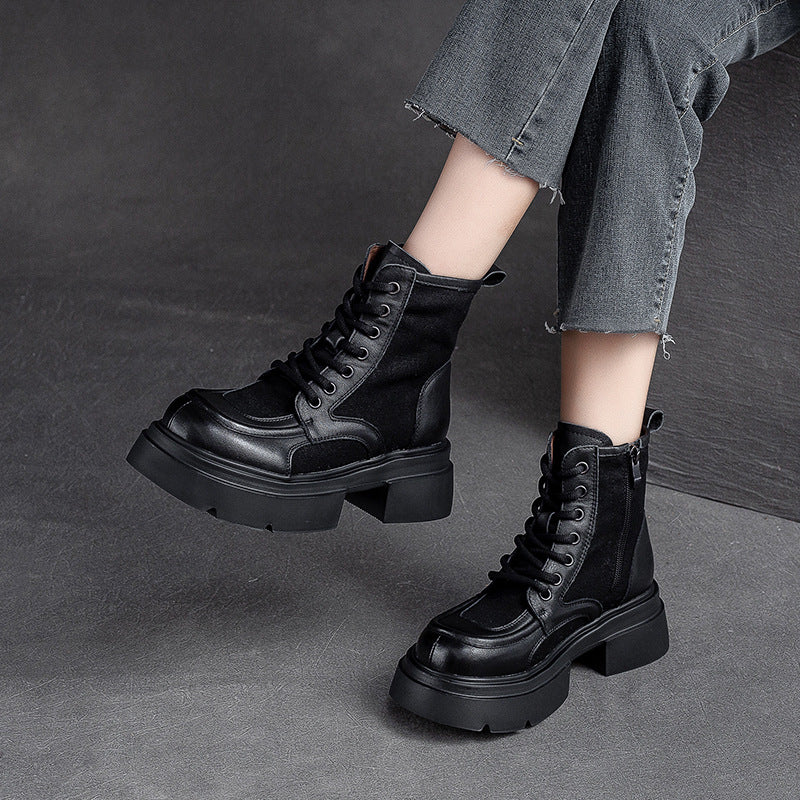 Women Retro Patchwork Leather Chunky Platform Boots-RAIIFY
