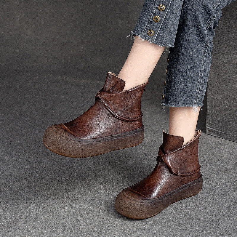 Women Retro Leather Thick Soled Ankle Boots-RAIIFY