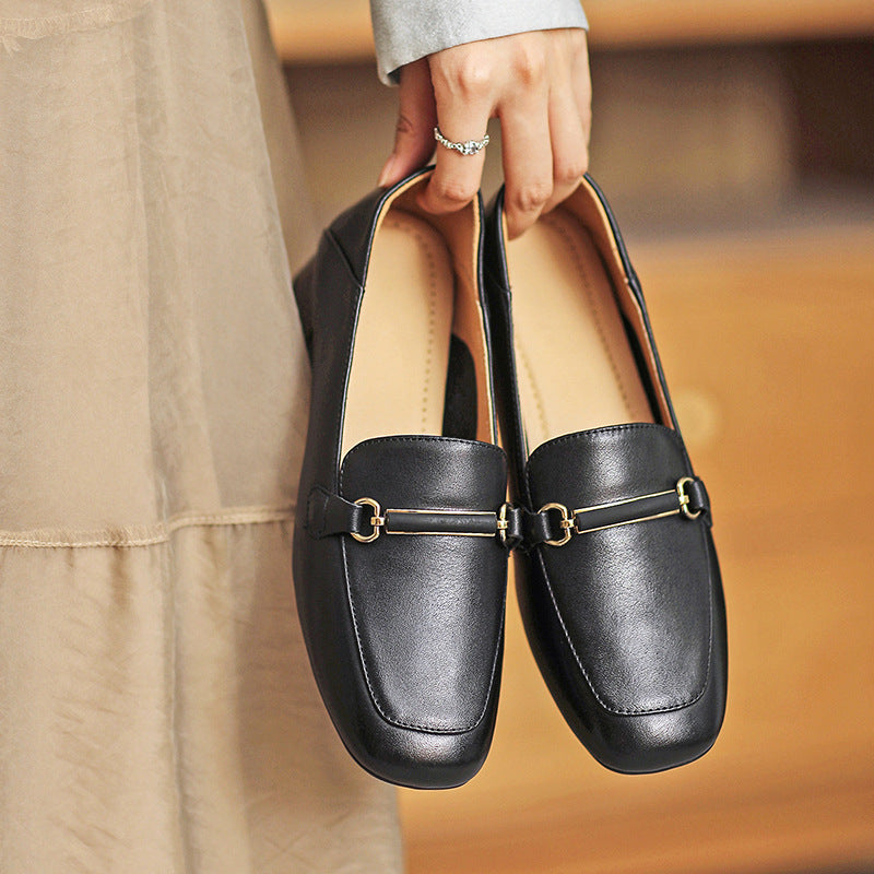 Women Stylish Cowhide Leather Chunky Heel Loafers-RAIIFY