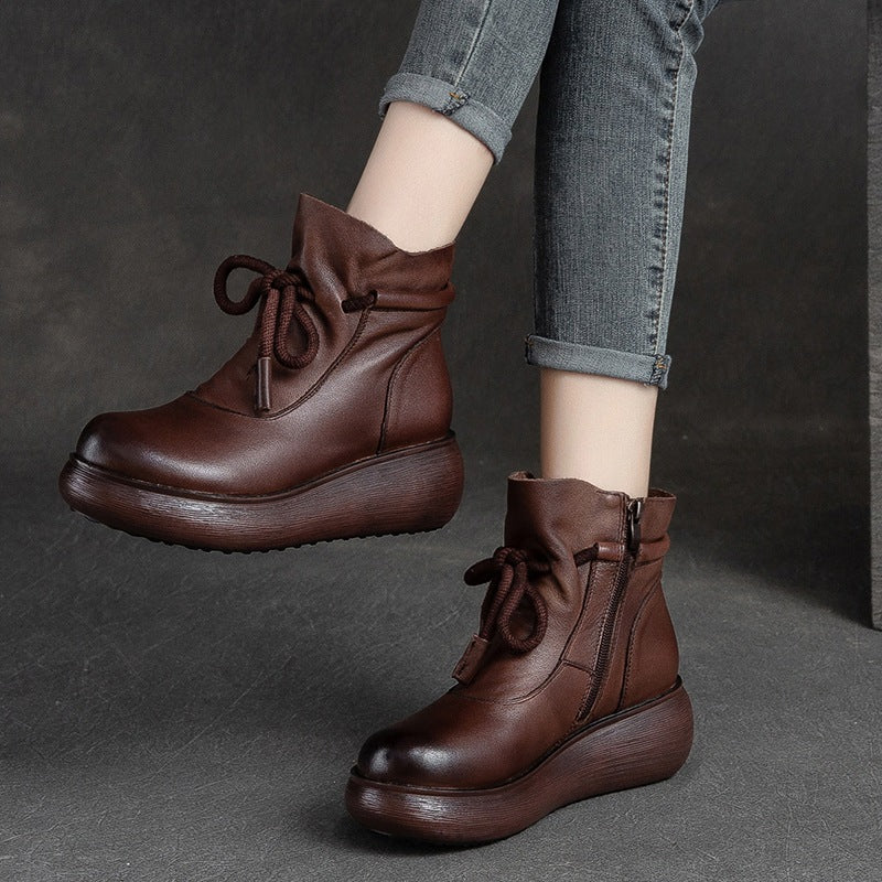 Women Retro Leather Minimalist Chunky Platform Boots-RAIIFY