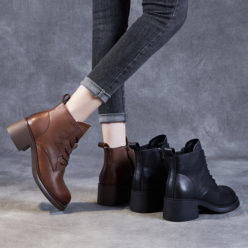 Women Classic Minimalist Leather Chunky Heel Boots-RAIIFY