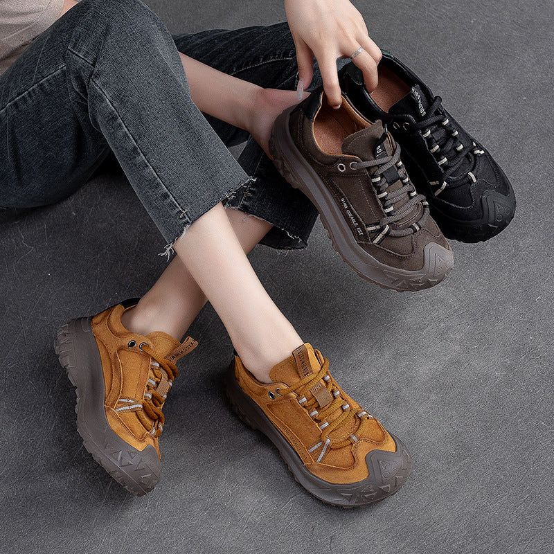 Women Retro Patchwork Leather Lug Sole Casual Shoes-RAIIFY