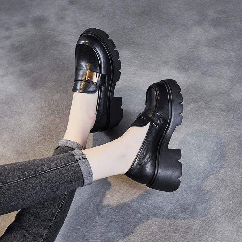 Women Retro Leather Casual Chunky Heel Loafers-RAIIFY