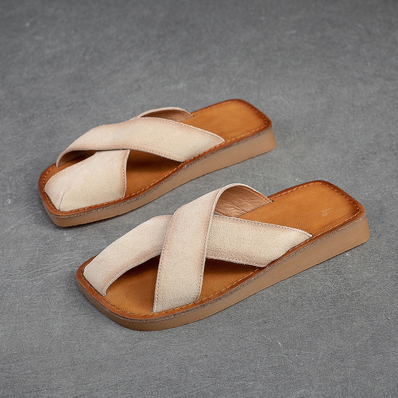 Women Retro Leather Flat Casual Slides-RAIIFY