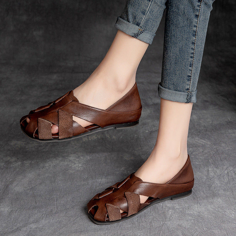 Women Retro Plaited Leather Flat Summer Sandals-RAIIFY