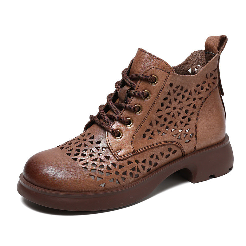 Women Summer Hollow Leather Lug Sole Ankle Boots-RAIIFY