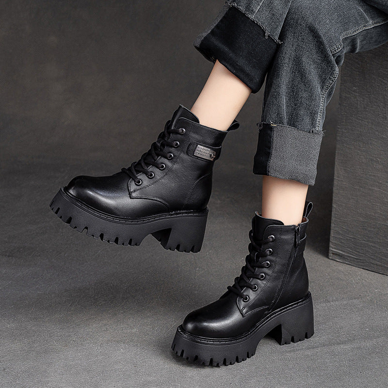 Women Leather Furred Chunky Platform Winter Boots-RAIIFY