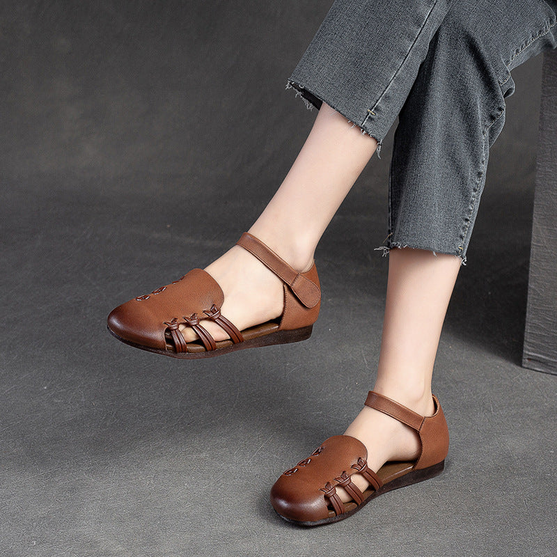 Women Retro Leather Velcro Hollow Casual Summer Sandals-RAIIFY