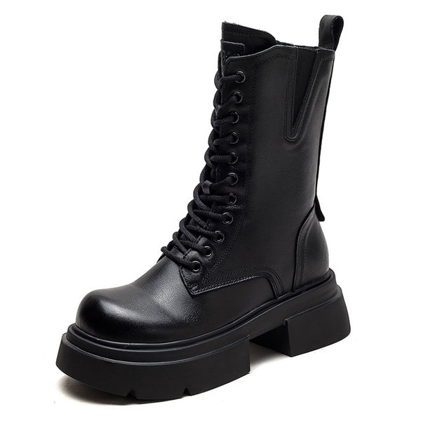 Women Retro Genuine Leather Platform Low-Heel Boots