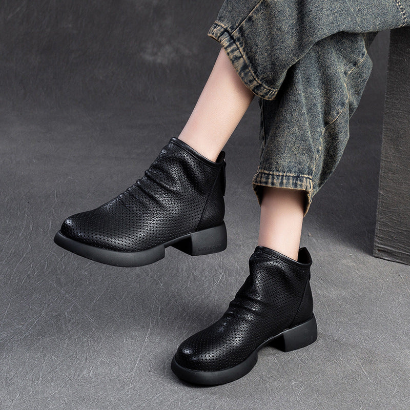 Women Retro Minimalist Hollow Leather Casual Ankle Boots-RAIIFY
