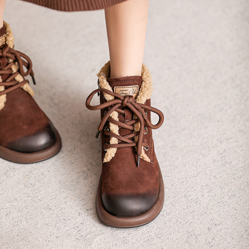 Women Winter Retro Nubuck Leather Flat Winter Boots-RAIIFY