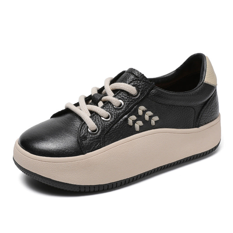 Women Casual Lace Up Cowhide Thick Soled Shoes-RAIIFY