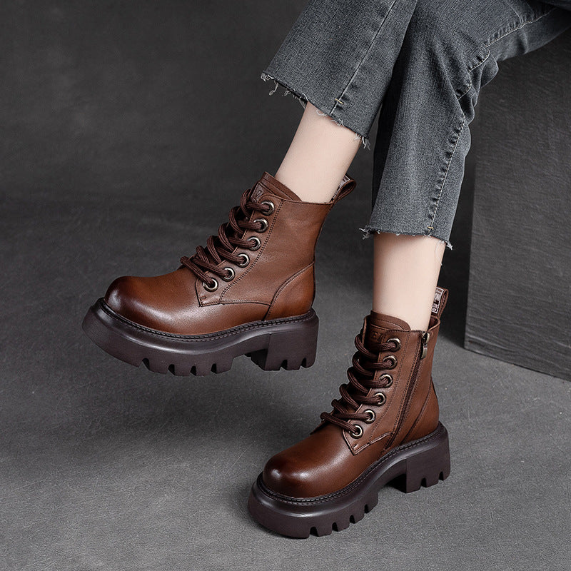 Women Retro Minimalist Classic Leather Lug Sole Boots-RAIIFY