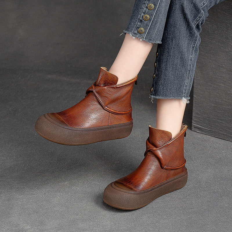 Women Retro Leather Thick Soled Ankle Boots-RAIIFY