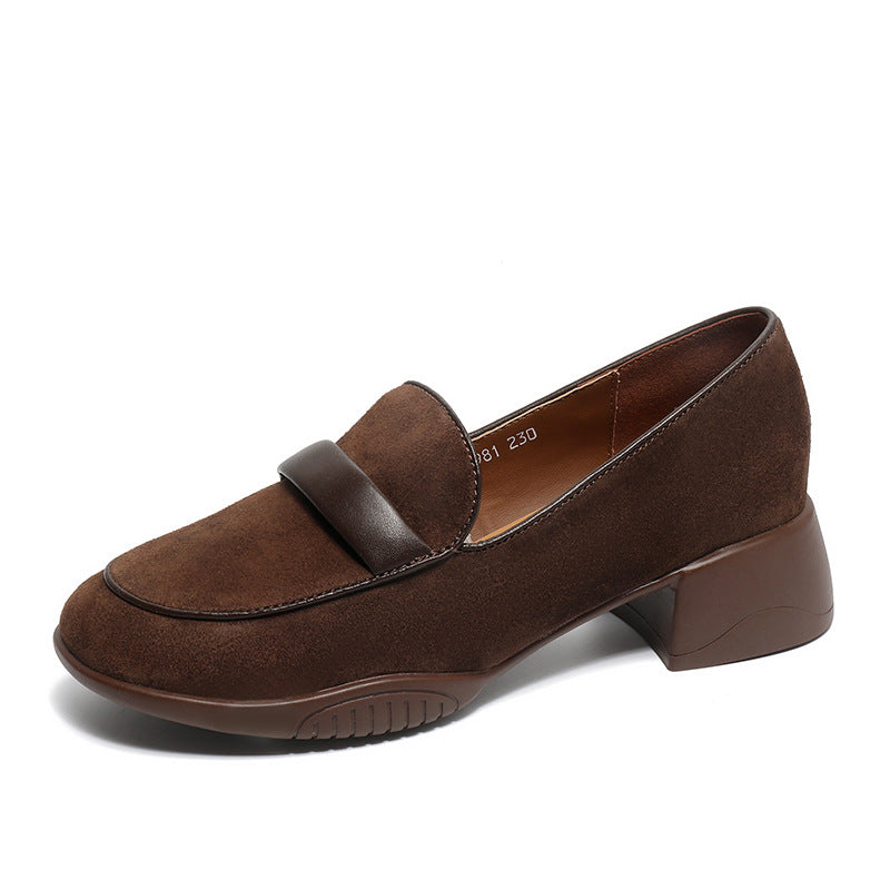 Women Retro Leather Minimliast Chunky Heel Loafers-RAIIFY