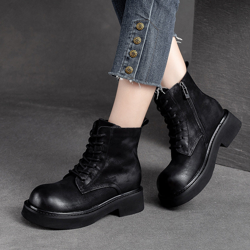 Women Classic Leather Round Head Casual Boots-RAIIFY