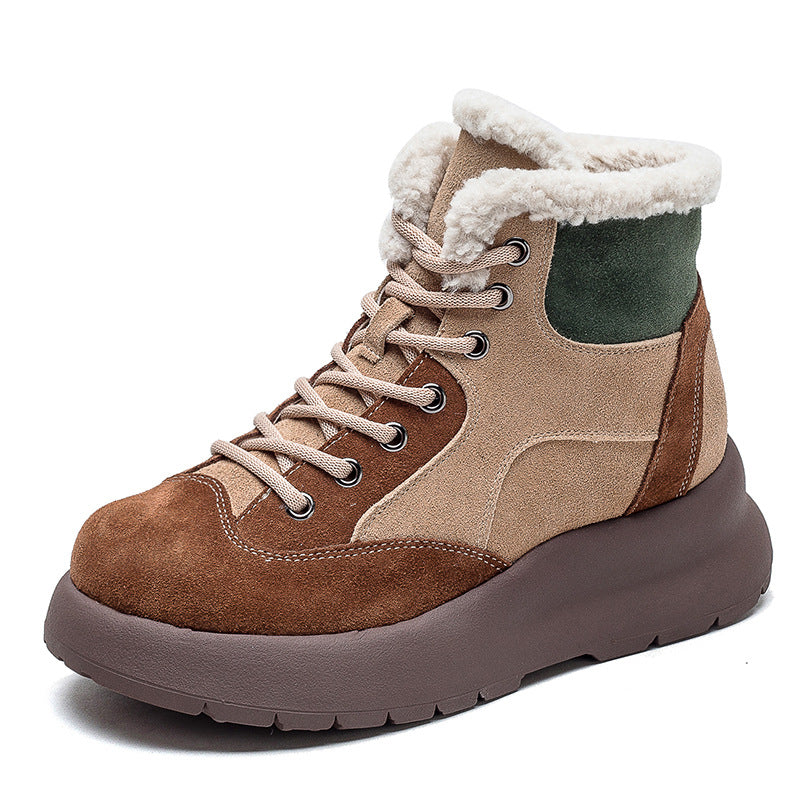 Women Retro Patchwork Leather Furred Snow Boots-RAIIFY