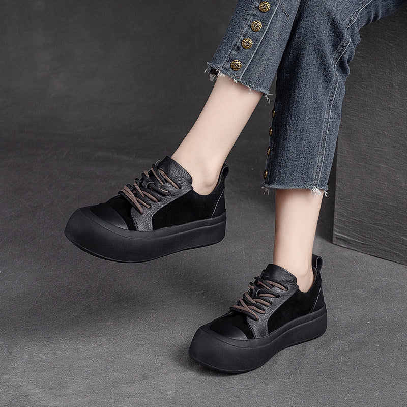 Women Retro Patchwork Leather Flat Casual Shoes-RAIIFY