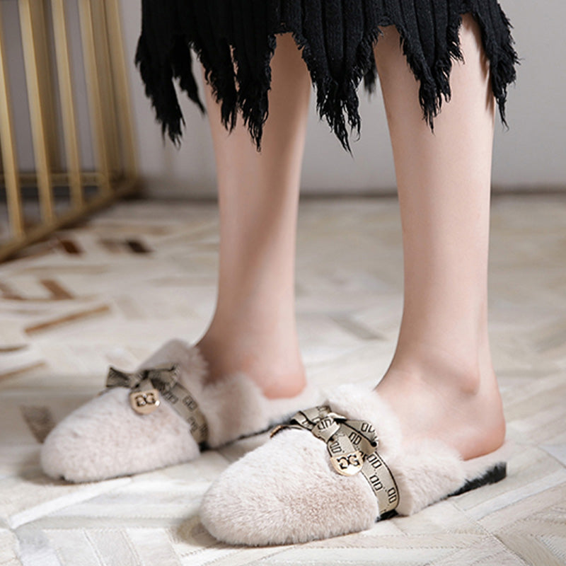 Women Fashion Bowknot Winter Furred Mules-RAIIFY