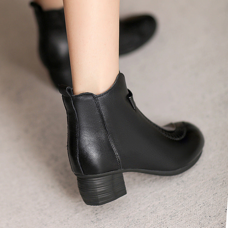 Women Casual Vintage Leather Chunky Heel Ankle Boots-RAIIFY