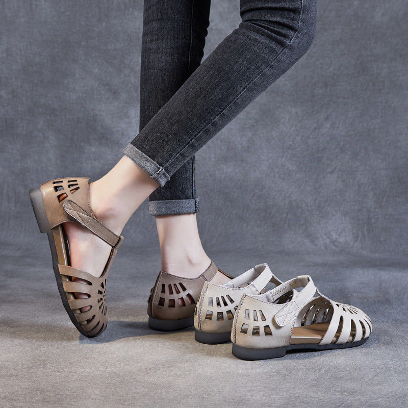 Women Retro Casual Leather Velcro Flat Sandals-RAIIFY