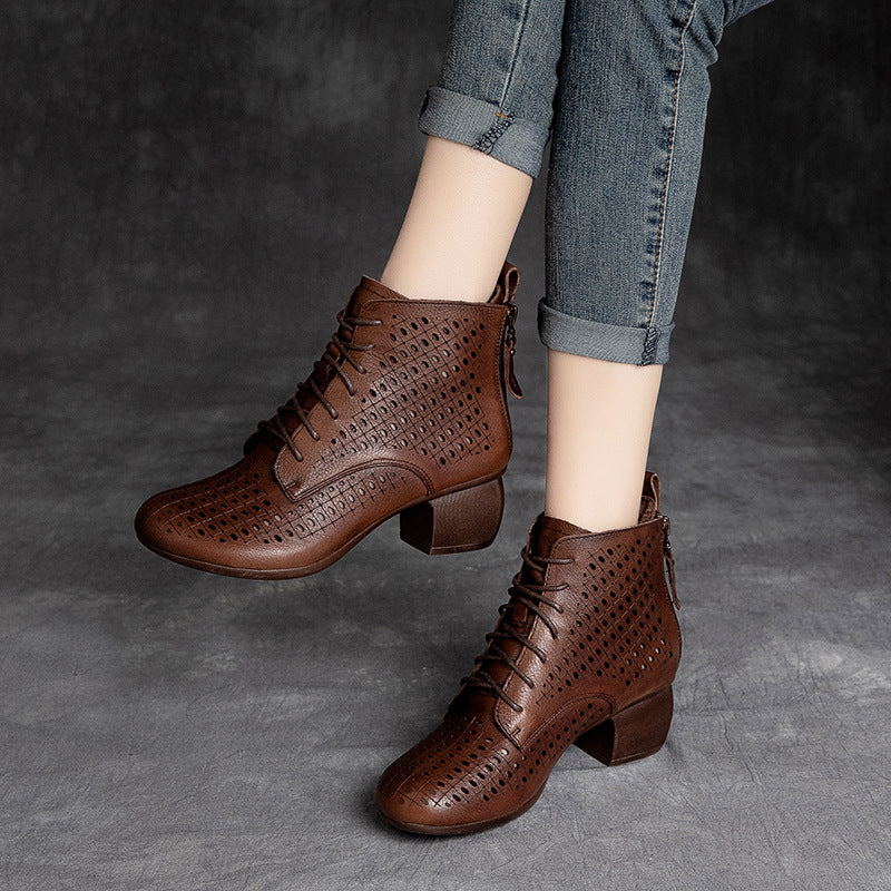 Women Casual Hollow Leather Chunky Heel Boots-RAIIFY