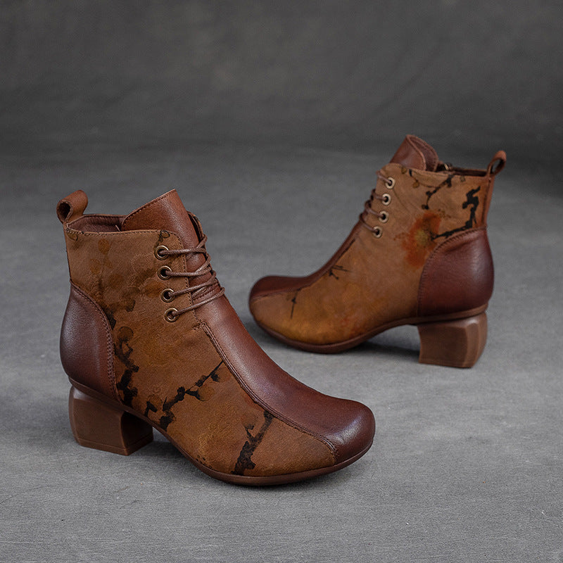 Women Retro Patchwork Handmade Chunky Heel Boots-RAIIFY