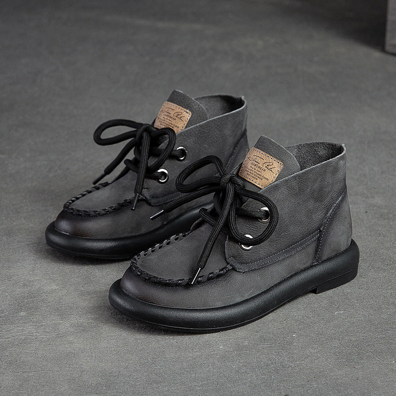 Women Retro Leather Flat Casual Ankle Boots-RAIIFY
