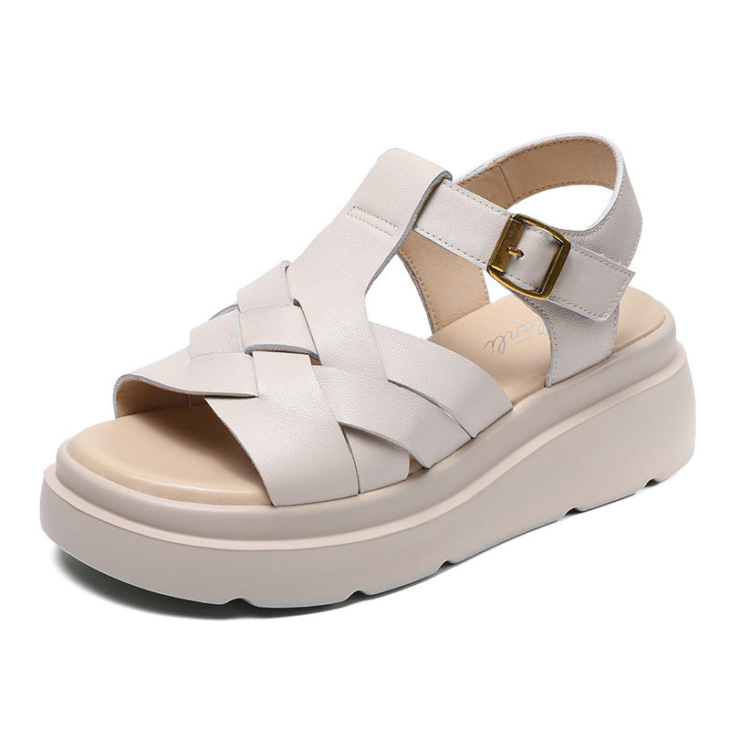Women Summer Plaited Leather Casual Wedge Sandals-RAIIFY