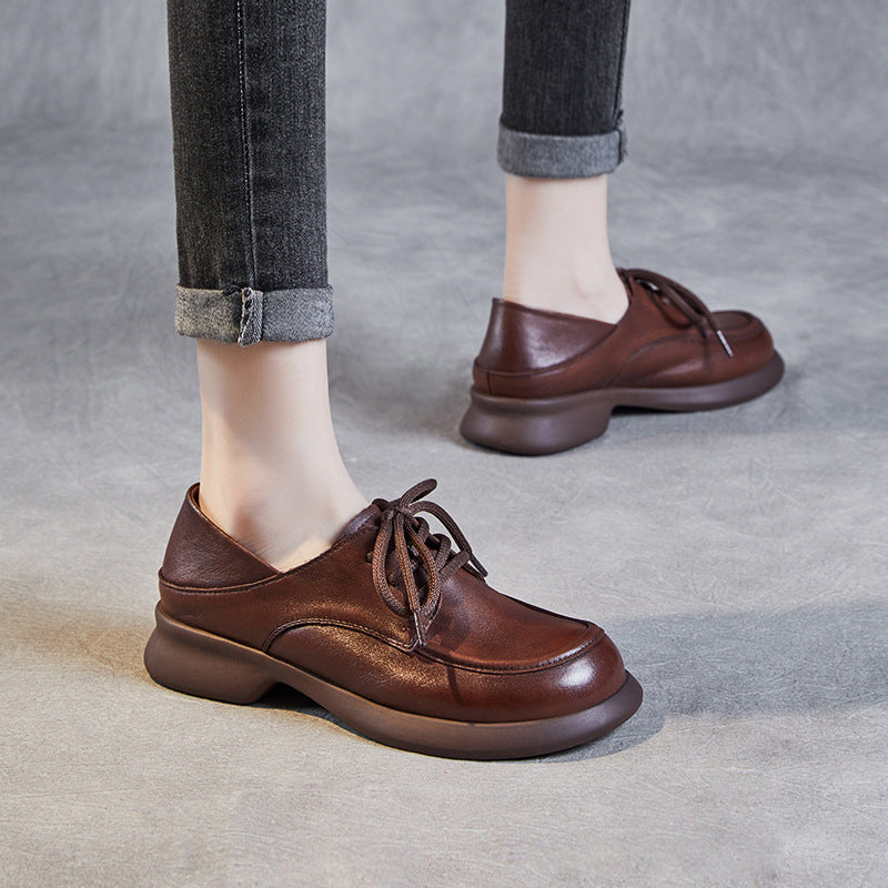 Women Handmade Retro Solid Leather Casual Shoes-RAIIFY