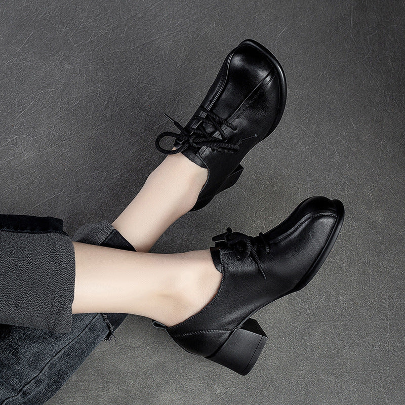 Women Soft Leather Minimalist Chunky Heel Casual Shoes-RAIIFY