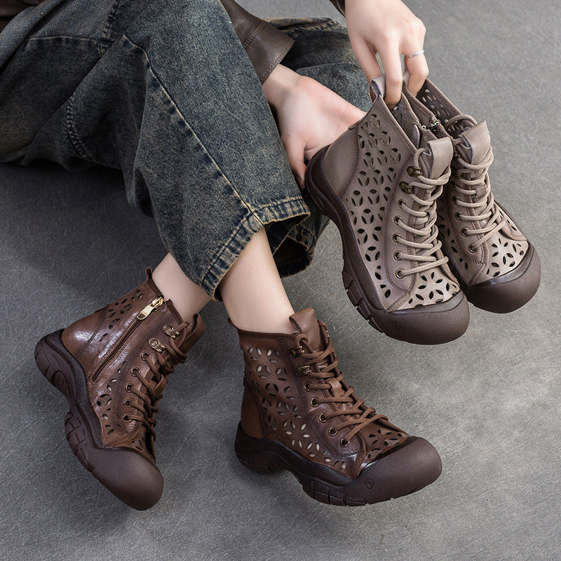 Women Retro Breathable Hollow Leather Casual Boots-RAIIFY
