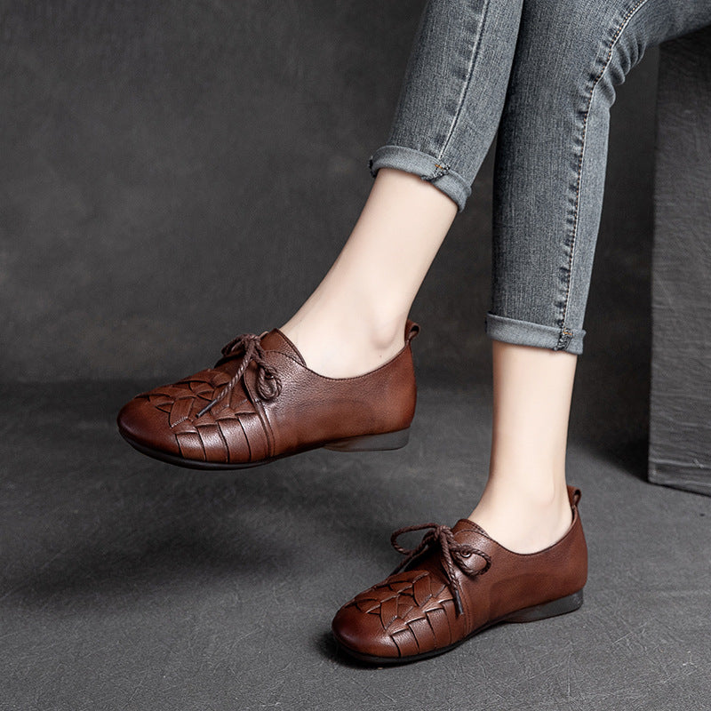 Women Retro Handmade Plaited Leather Flat Shoes-RAIIFY