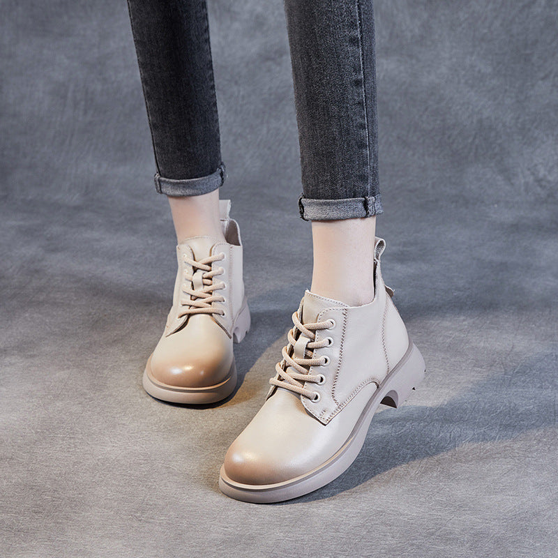 Women Minimalist Retro Leather Lace Up Ankle Boots-RAIIFY