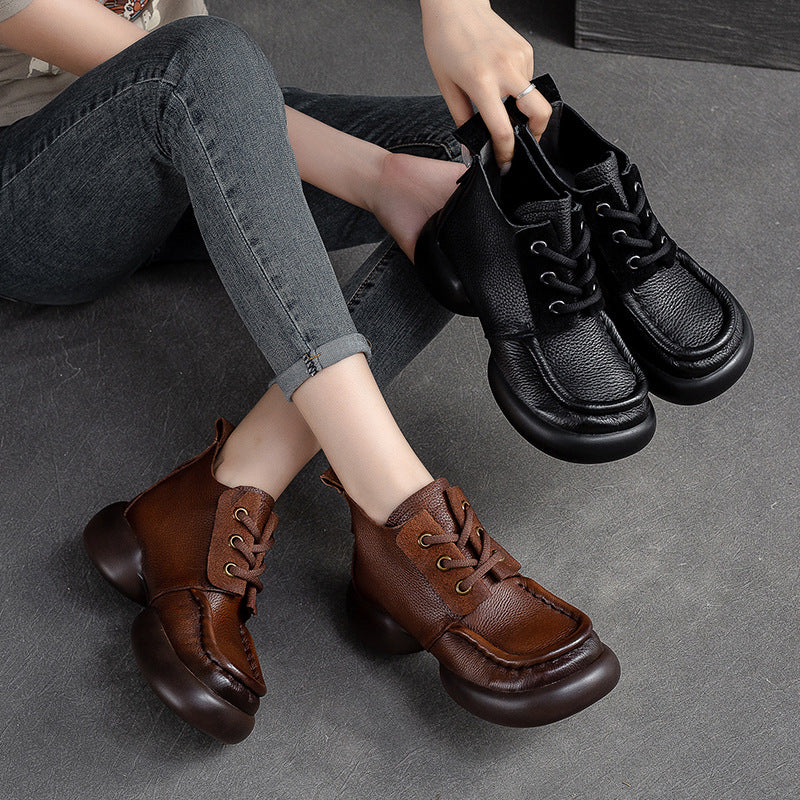 Women Retro Casual Leather Chunky Soled Ankle Boots-RAIIFY