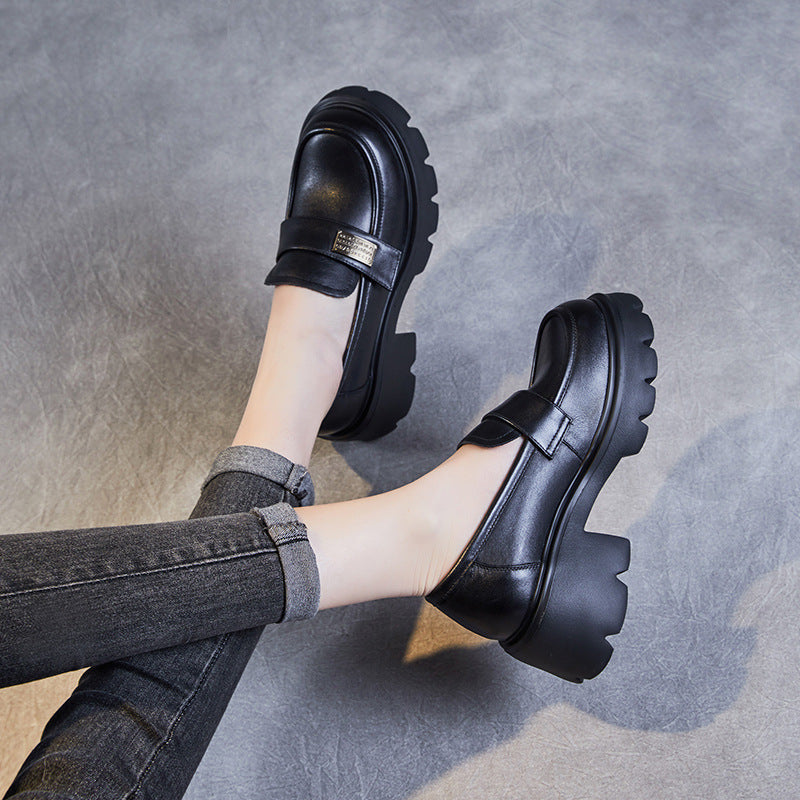 Women Retro Leather Chunky Platform Casual Loafers-RAIIFY