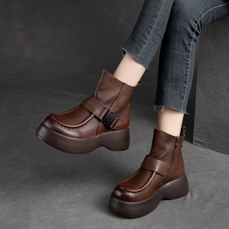 Women Retro Minimalist Leather Platform Boots-RAIIFY