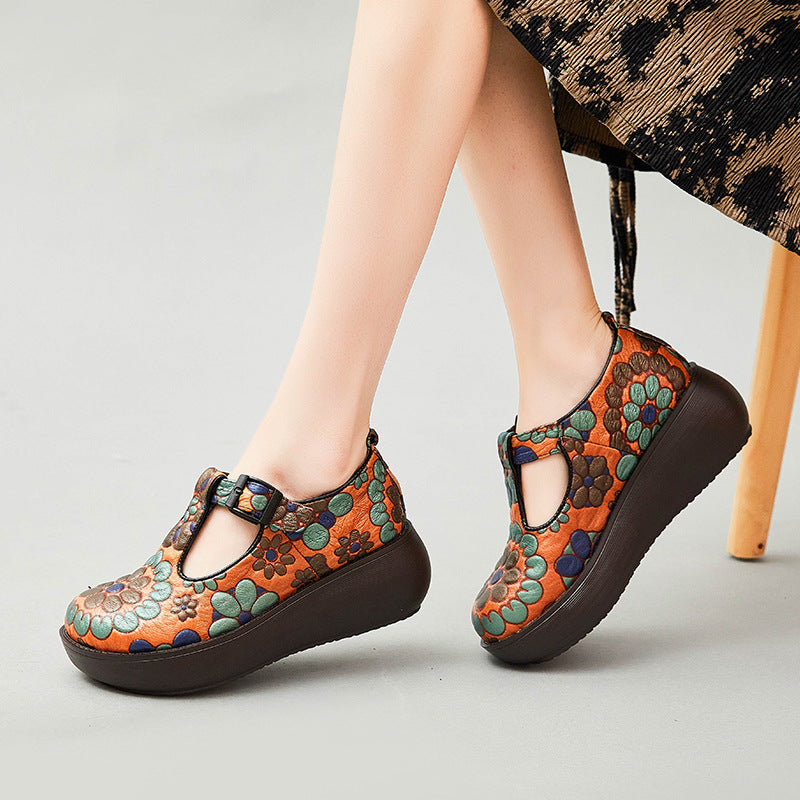 Women Retro Floral Cowhide Casual Shoes-RAIIFY