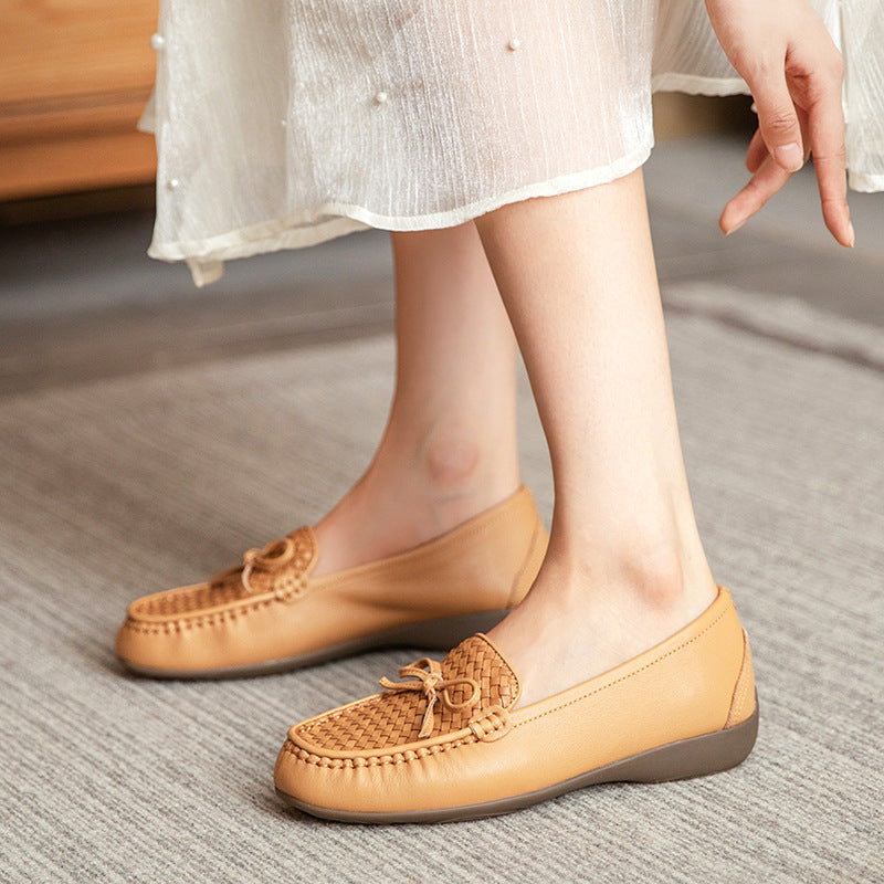 Women Retro Handcraft Plaited Leather Soft Loafers-RAIIFY