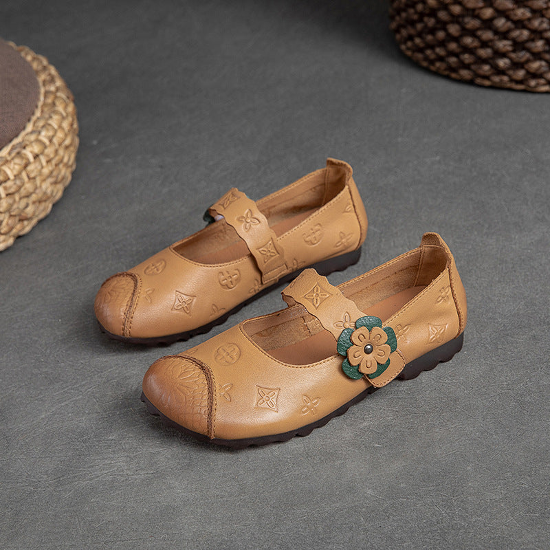 Women Summer Retro Flower Leather Flats Shoes-RAIIFY